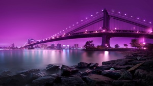 Manhattan Bridge, New York City, United States, Purple sky, Body of Water, River, Suspension bridge, Landscape, Famous Place, Tourist attraction, Rocks, Long exposure, City lights, Cityscape, Purple aesthetic, 4K wallpaper