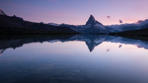 Matterhorn, Stellisee, Switzerland, Lake, Reflection, Evening sky, Landscape, Scenery, Clear sky, Swiss Alps, Clouds, Mountain Peak, 4K wallpaper