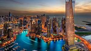 Dubai Marina, Cityscape, Skyline, Skyscrapers, Buildings, City lights, Sunset, Night, Dubai, 4K wallpaper