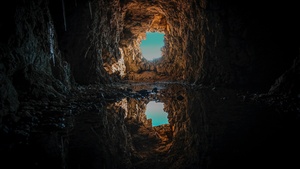 Cave, Tunnel, Reflection, Water, Symmetrical, Rock formations, Inside, Blue Sky, 4K wallpaper