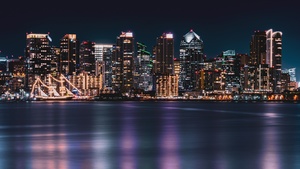 San Diego City, Cityscape, City lights, Night time, Skyline, Body of Water, Long exposure, Reflection, Skyscrapers, 4K wallpaper