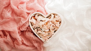 Love heart, Heart shape, Cloth, Dry Leaves, Peach background, 4K wallpaper