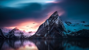 Mountains, Peak, Lake, Reflection, Winter, Cold, Sunset, Scenic, 4K wallpaper