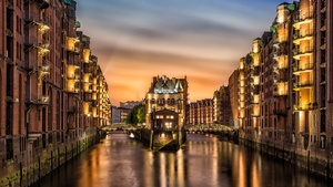 Germany, City lights, Sunset, Long exposure, Body of Water, Reflection, Castle, 4K wallpaper