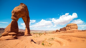 Arches national park, Landmark, Utah, Clouds, Blue Sky, Rock formations, Landscape, Western, 4K wallpaper