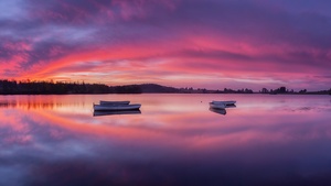 Mirror Lake, Sunrise, Boats, Body of Water, Landscape, Scenic, Purple sky, Long exposure, 4K wallpaper