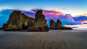 Beach, Rocky coast, Cloudy Sky, Sunset, Beautiful, Landscape, 4K wallpaper