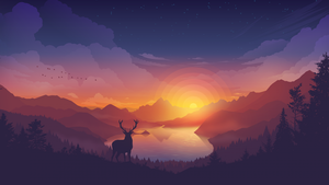 Lakeside, Evening, Deer, Minimal art, Landscape, Scenic, Panorama, Aesthetic, Ultrawide, 4K wallpaper