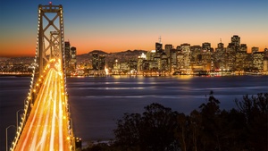 Oakland Bay Bridge, Illuminated, San Francisco, Cityscape, City lights, Landmark, California, Long exposure, Dusk, Body of Water, Clear sky, Skyscrapers, City Skyline, 4K wallpaper