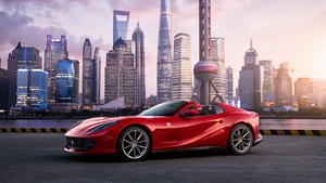 Ferrari 812 GTS, Shanghai, Red cars, Cityscape, Skyscrapers, 4K wallpaper