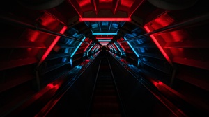 Tunnel, Vanishing point, Red lighting, Blue light, Black background, Pattern, Long exposure, Neon Lights, 4K wallpaper