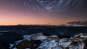 Dolomites, Italy, Mountain range, Snow covered, Mountains, Outer space, Galaxy, Astronomy, Star Trails, 4K wallpaper