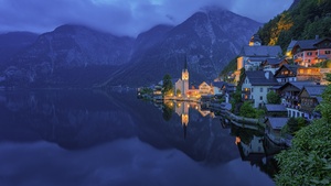 Mountains, Town, Church, Evening, Cold, Lake, Austria, 4K wallpaper