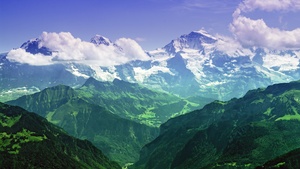 Eiger, Bernese Alps, Switzerland, Summit, Landscape, Glacier mountains, Snow covered, Green, Clouds, 4K wallpaper