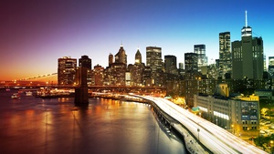 Manhattan Bridge, New York City, Cityscape, City lights, Skyline, Body of Water, Long exposure, Colorful Sky, Skyscrapers, 4K wallpaper