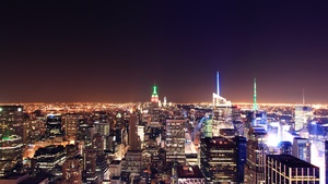 New York City, Night lights, Cityscape, City lights, Night time, City Skyline, Horizon, Long exposure, Landmark, Aerial view, Rockefeller Center, 4K wallpaper