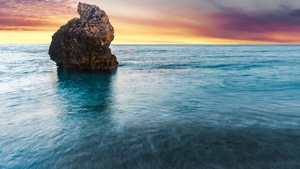 Lefkada Island, Greece, Milos Beach, Sunset, Seascape, Lone rock, Orange sky, Horizon, Long exposure, Scenery, 4K wallpaper