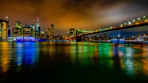 Brooklyn Bridge, New York, Cityscape, City lights, Night time, Skyline, Body of Water, Reflection, Long exposure, Skyscrapers, 4K wallpaper