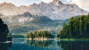 Lake, Mountains, Forest, Reflection, Scenery, 4K wallpaper
