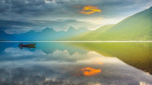 Glacier National Park, Montana, Sunrise, Golden hour, Mountain range, Body of Water, Reflection, Cloudy Sky, Landscape, 4K wallpaper
