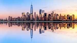 New York City, Panorama, Skyline, Sunset, Skyscrapers, Reflection, Cityscape, Digital composition, Aesthetic, Ultrawide, 4K wallpaper