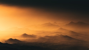 Spain, Volcano, Black mountains, Mountain range, Sunset, Aerial view, Landscape, Fog, 4K wallpaper