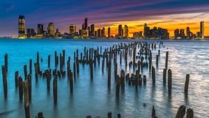 New York City, Skyline, Cityscape, City lights, Dusk, Body of Water, Orange sky, Skyscrapers, Landscape, 4K wallpaper