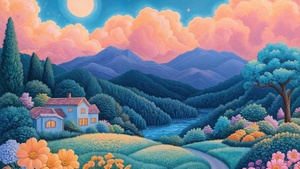 Dreamy, Scenery, Landscape, Serene, AI art, Peaceful, Moon, Clouds, Stars in sky, Countryside, Country road, Mountains, Spring flowers, 4K wallpaper