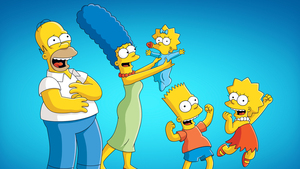 The Simpsons, Family, Homer Simpson, Marge Simpson, Bart Simpson, Lisa Simpson, Simpson family, Blue background, Cartoon, 4K wallpaper