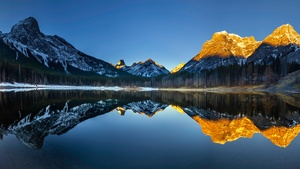 Wedge Pond, Banff National Park, Alberta, Canada, Clear sky, Sunrise, Alpenglow, Landscape, Scenery, Reflection, 4K wallpaper