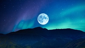 Full moon, Aurora Borealis, Night time, Mountain, Silhouette, Landscape, Starry sky, Surreal, Scenery, Natural Phenomena, 4K wallpaper