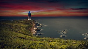 Lighthouse, Coastline, Ocean, Purple sky, Evening, Seascape, Seashore, 4K wallpaper