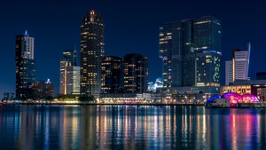 City Skyline, Rotterdam, Netherlands, Nightscape, Cityscape, Body of Water, Reflection, Night lights, Skyscrapers, Modern architecture, Blue hour, 4K wallpaper