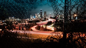 Cityscape, City lights, Fence, Night time, Light trails, Long exposure, Timelapse, Skyscrapers, Dark Sky, 4K wallpaper