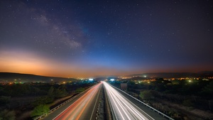 Highway, Light trails, Cyprus, Cityscape, City lights, Night time, Dusk, Milky Way, Astronomy, Outer space, Starry sky, 4K wallpaper