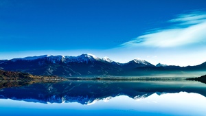 Glacier mountains, Lake, Sunrise, Blue Sky, Reflection, Mountain range, Snow covered, Clear sky, Landscape, Scenery, Fog, Early Morning, 4K wallpaper