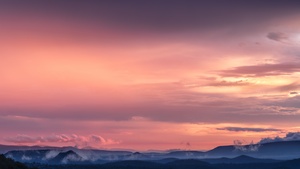 Pink sky, Sunset, Mountains, Landscape, Fog, Clouds, Dusk, Sky view, 4K wallpaper