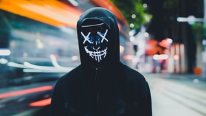 Persons in Mask, Neon Mask, Black Hoodie, Anonymous, 4K wallpaper