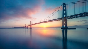 Oakland Bay Bridge, Sunrise, San Francisco, California, Body of Water, Long exposure, Landscape, 4K wallpaper