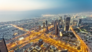 Dubai City, Aerial view, Cityscape, City lights, Long exposure, Skyline, United Arab Emirates, Skyscrapers, High rise building, 4K wallpaper