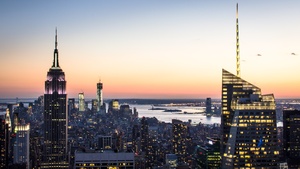New York City, Aerial view, Cityscape, City lights, Landmark, Rockefeller Center, City Skyline, Sunset, Skyscrapers, Dusk, Horizon, High rise building, 4K wallpaper