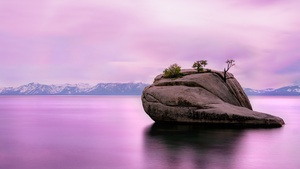 Lake Tahoe, United States of America, Pink sky, Rock, Long exposure, Mountain range, Body of Water, Landscape, Scenery, Shadow, 4K wallpaper