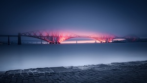 United Kingdom, UNESCO World Heritage Site, Sunset, River, Night, Cantilever bridge, Purple light, Fog, 4K wallpaper