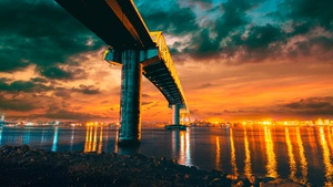 Sergio Osmeña Bridge, Philippines, Mactan-Mandaue Bridge, Sunset, City lights, Dusk, Body of Water, Reflection, Cloudy Sky, 4K wallpaper