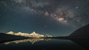 China, Milky Way, Glacier mountains, Mountain Peak, Starry sky, Outer space, Astronomy, Lake, Reflection, Night time, 4K wallpaper