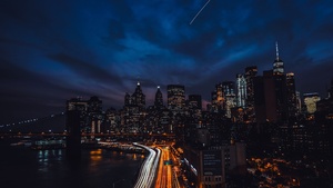 New York City, United States, Cityscape, Night time, City lights, Metropolitan, Dark background, Skyscrapers, Light trails, Dark clouds, Blue Sky, 4K wallpaper