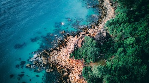 Seashore, Coastline, Rocks, Green Trees, Blue Water, Ocean, Aerial view, Birds eye view, Scenery, Landscape, 4K wallpaper