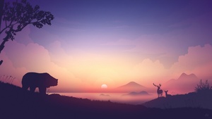 Sunrise, Illustration, Landscape, Scenery, Gradient background, Bear, Deer, Early Morning, 4K wallpaper