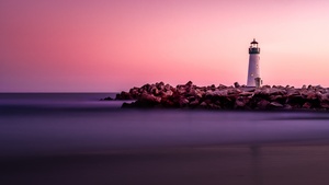 Lighthouse, Pink Hour, White, Purple sky, Rocks, Seashore, Sunset, 4K wallpaper