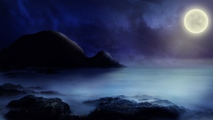 Full moon, Starry sky, Sea, Rocks, Night, Dark background, 4K wallpaper